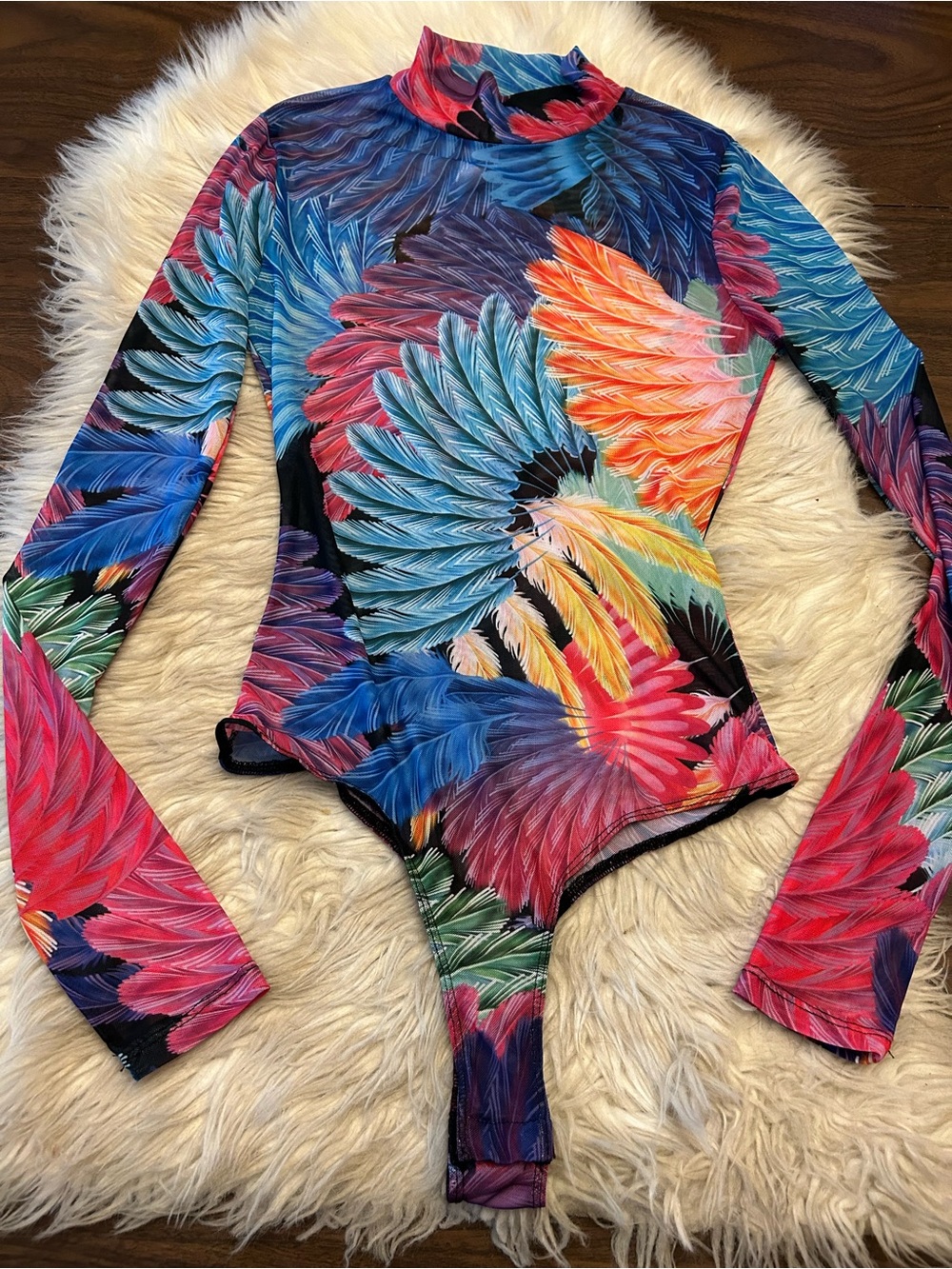 SPIRITHOODS Feather Print Mesh Mockneck Bodysuit - Picture 2 of 11